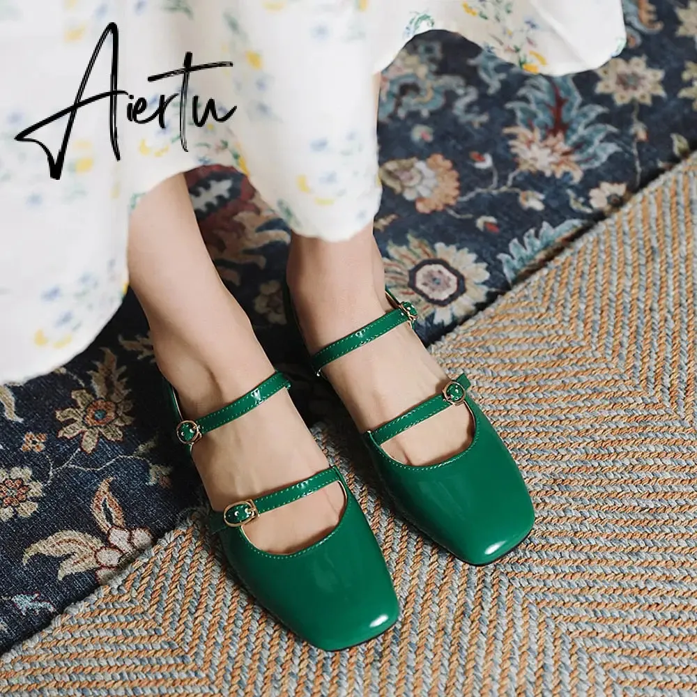 Aiertu Vintage Square Toe Buckle Band Mary Jane Flats Women Casual Loafers Flat Shoes Woman Ballerina Slip On Shallow Solid Moccasins