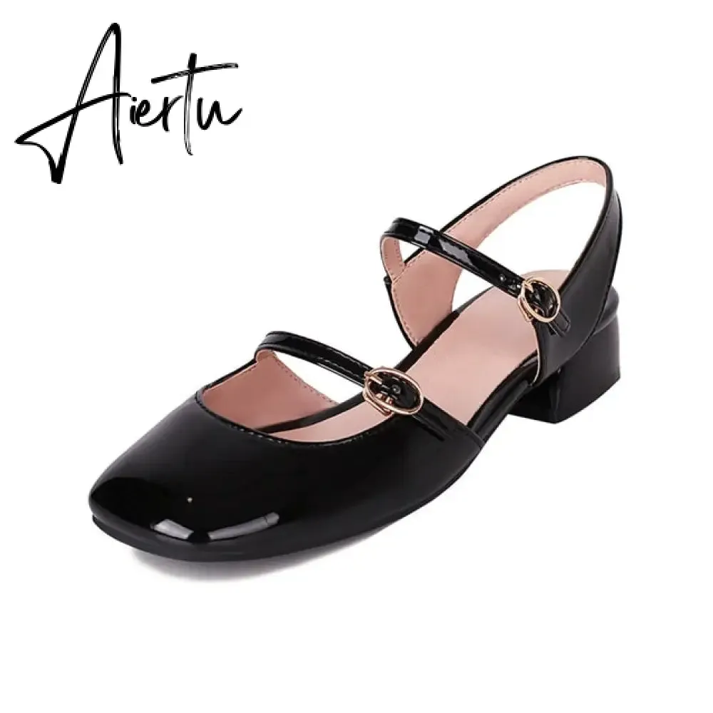 Aiertu Vintage Square Toe Buckle Band Mary Jane Flats Women Casual Loafers Flat Shoes Woman Ballerina Slip On Shallow Solid Moccasins