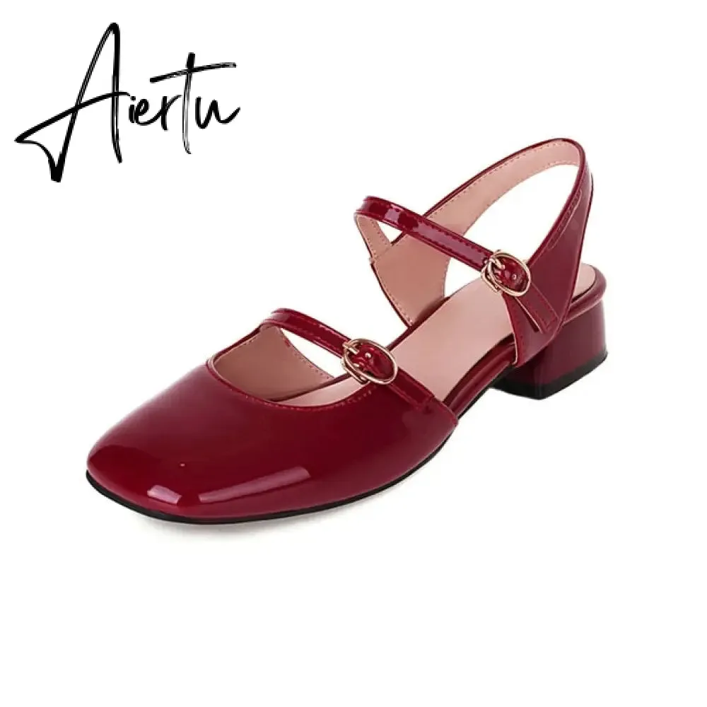 Aiertu Vintage Square Toe Buckle Band Mary Jane Flats Women Casual Loafers Flat Shoes Woman Ballerina Slip On Shallow Solid Moccasins