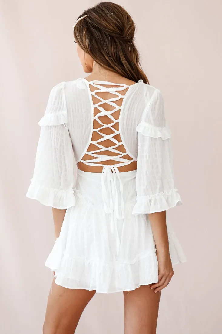 Albany Lace Up Back Frill Dress Puckered Fabric White