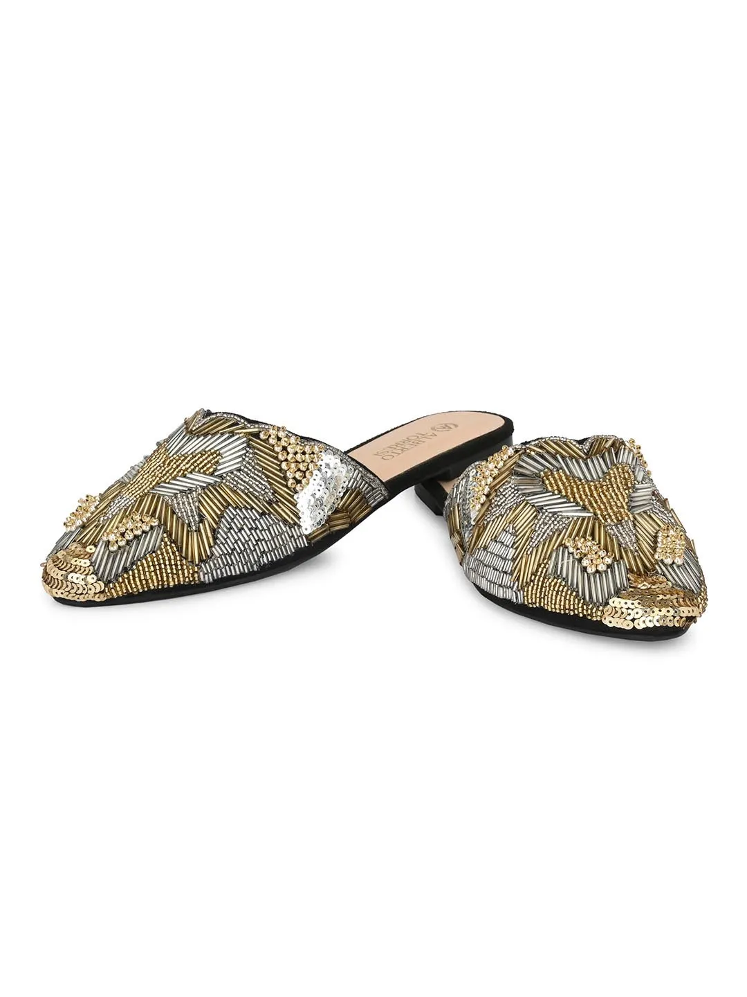 Alberto Torresi Synthetic Black Gold Flat Mule Sandals for women