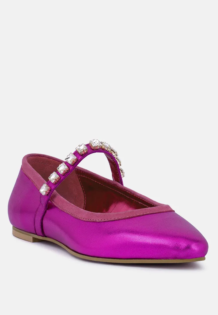 Alverno Metallic Diamante Mary Jane Leather Flats