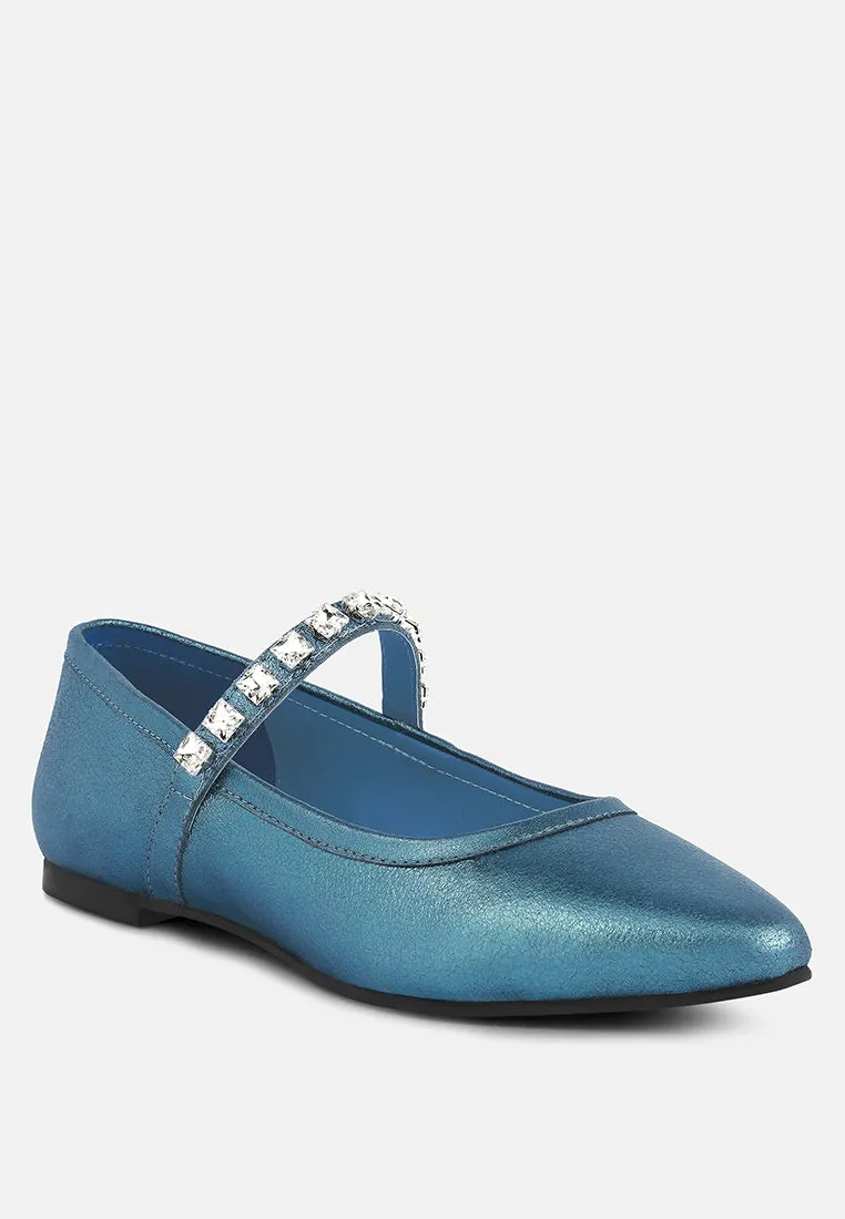 Alverno Metallic Diamante Mary Jane Leather Flats