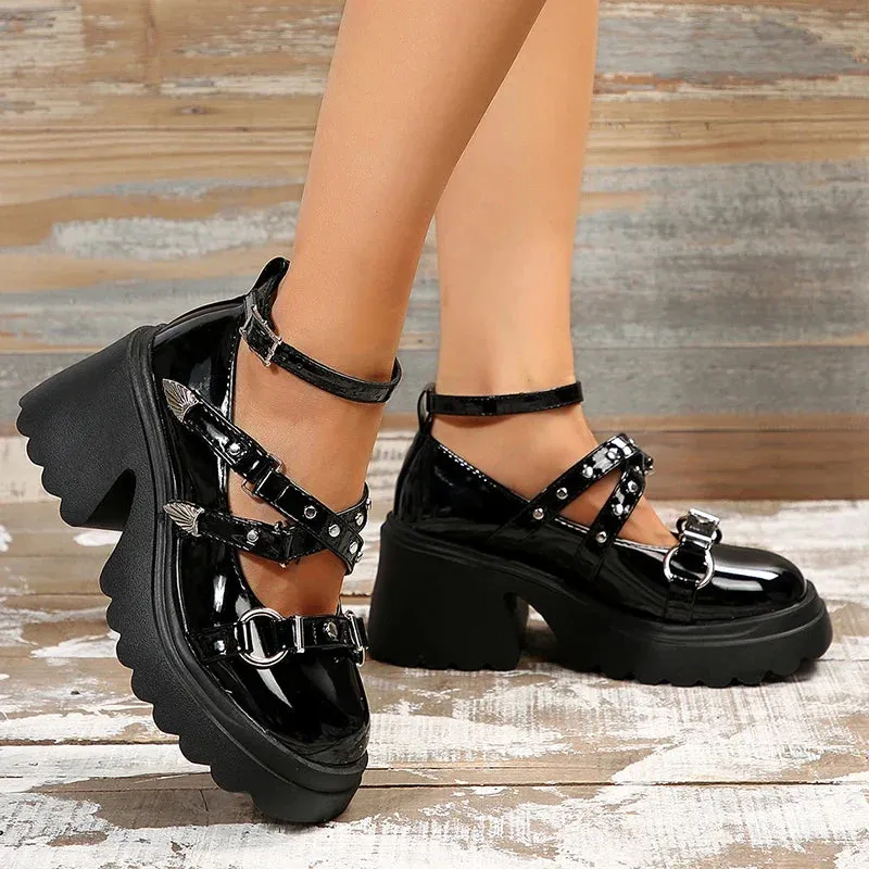 AMOZAE- - Y2K Gothic Glam Women's Patent Leather Ankle Strap Chunky