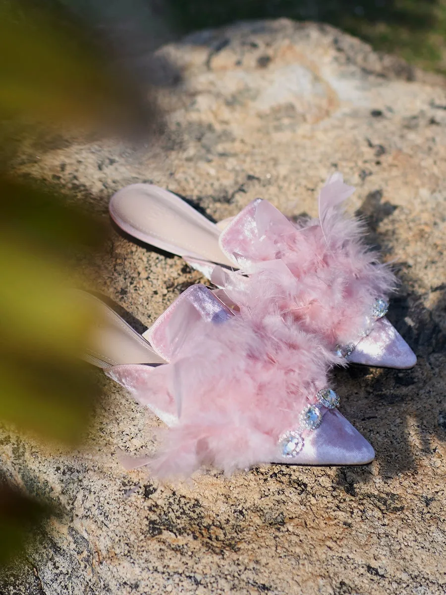 B-FEI regency  bridgerton inspired vintage pink romantic feather rhinestone French slipper mule - pirdr