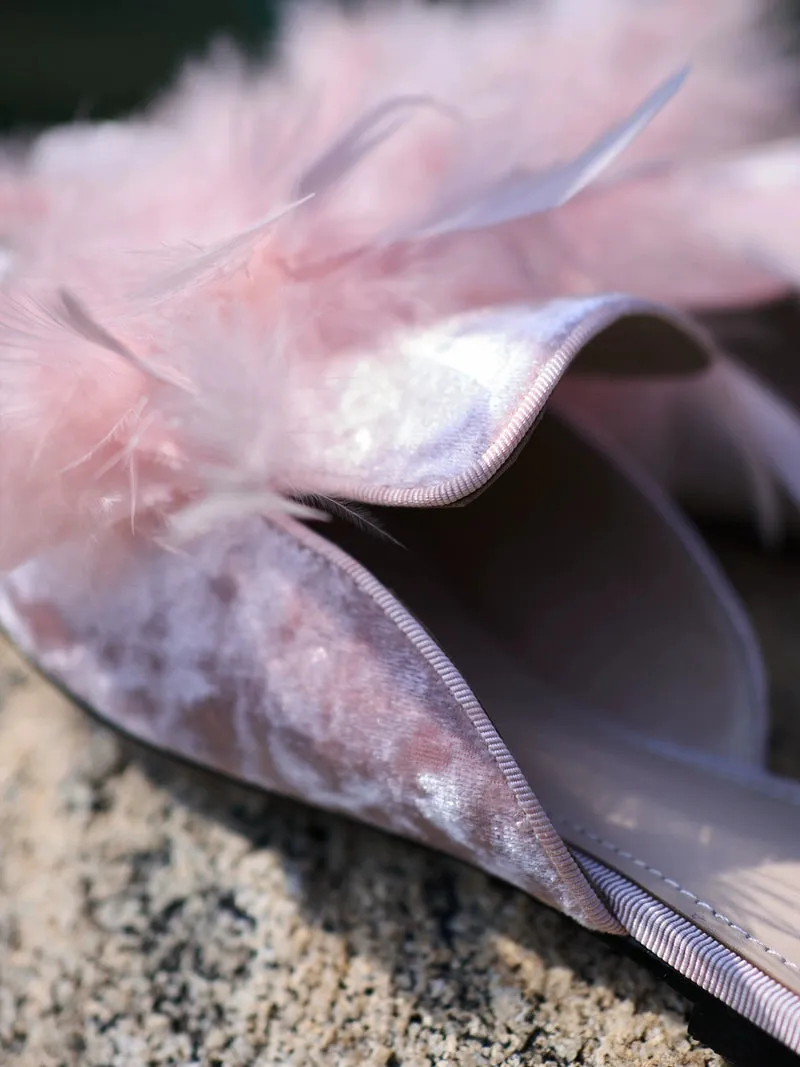 B-FEI regency  bridgerton inspired vintage pink romantic feather rhinestone French slipper mule - pirdr