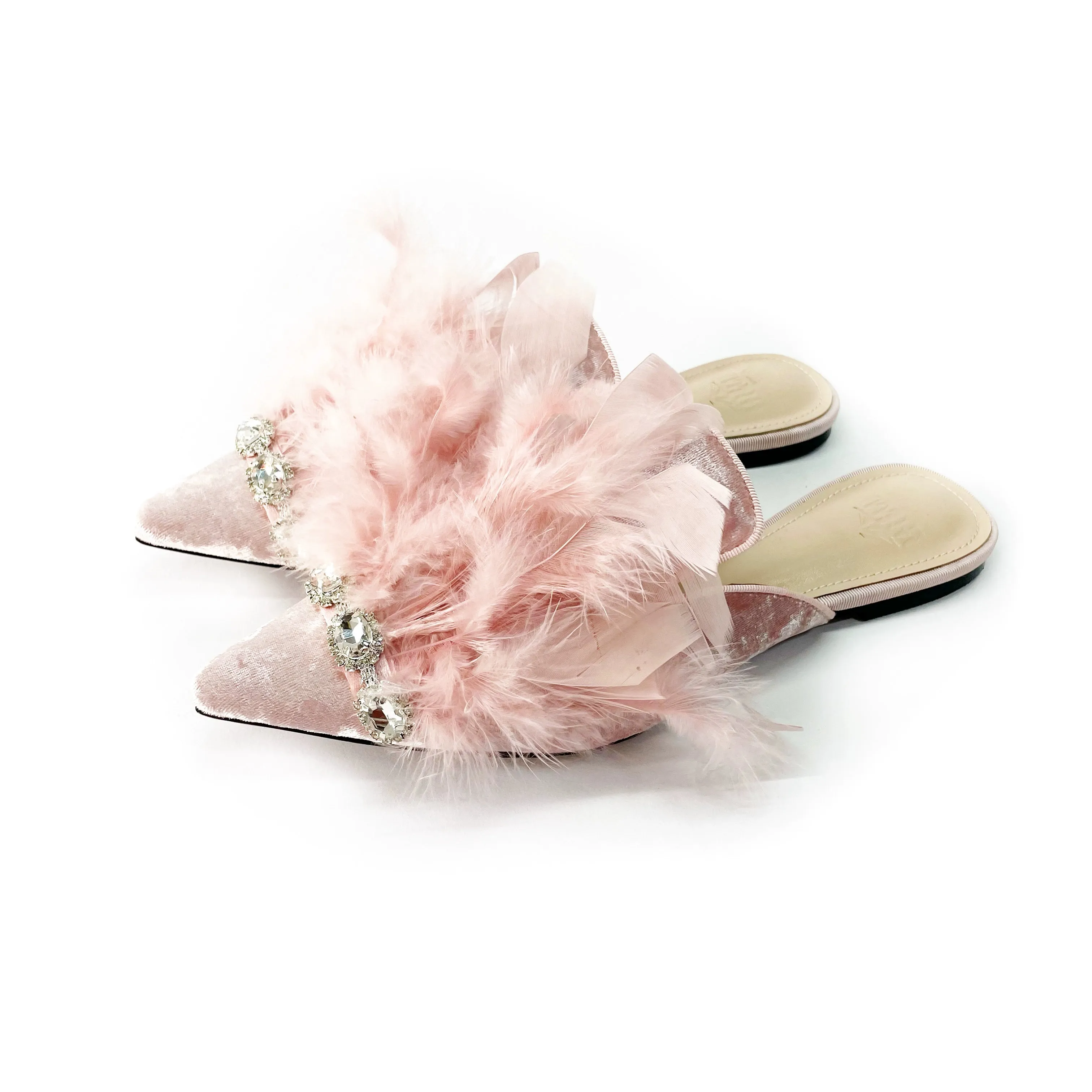 B-FEI regency  bridgerton inspired vintage pink romantic feather rhinestone French slipper mule - pirdr