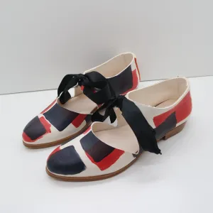 BBF24 SALE. SIZE 35. THE MARY. BLOCK PRINT. APPLE AND NORI. RIBBON STRAPS. 2CM