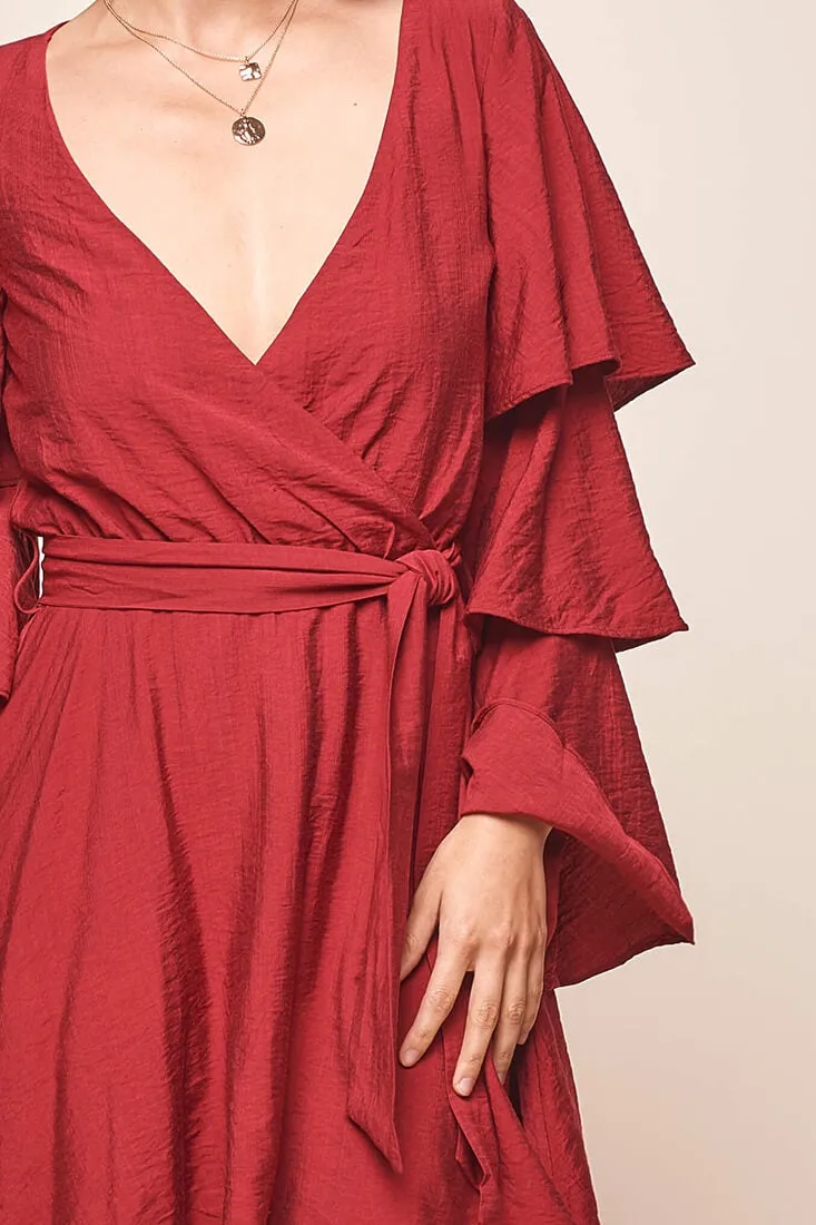 Bellini Tiered Ruffle Sleeve Dress Wine