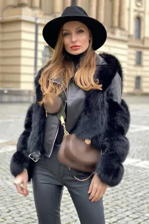 Black Cropped Zipper Leather Faux Fur Jacket