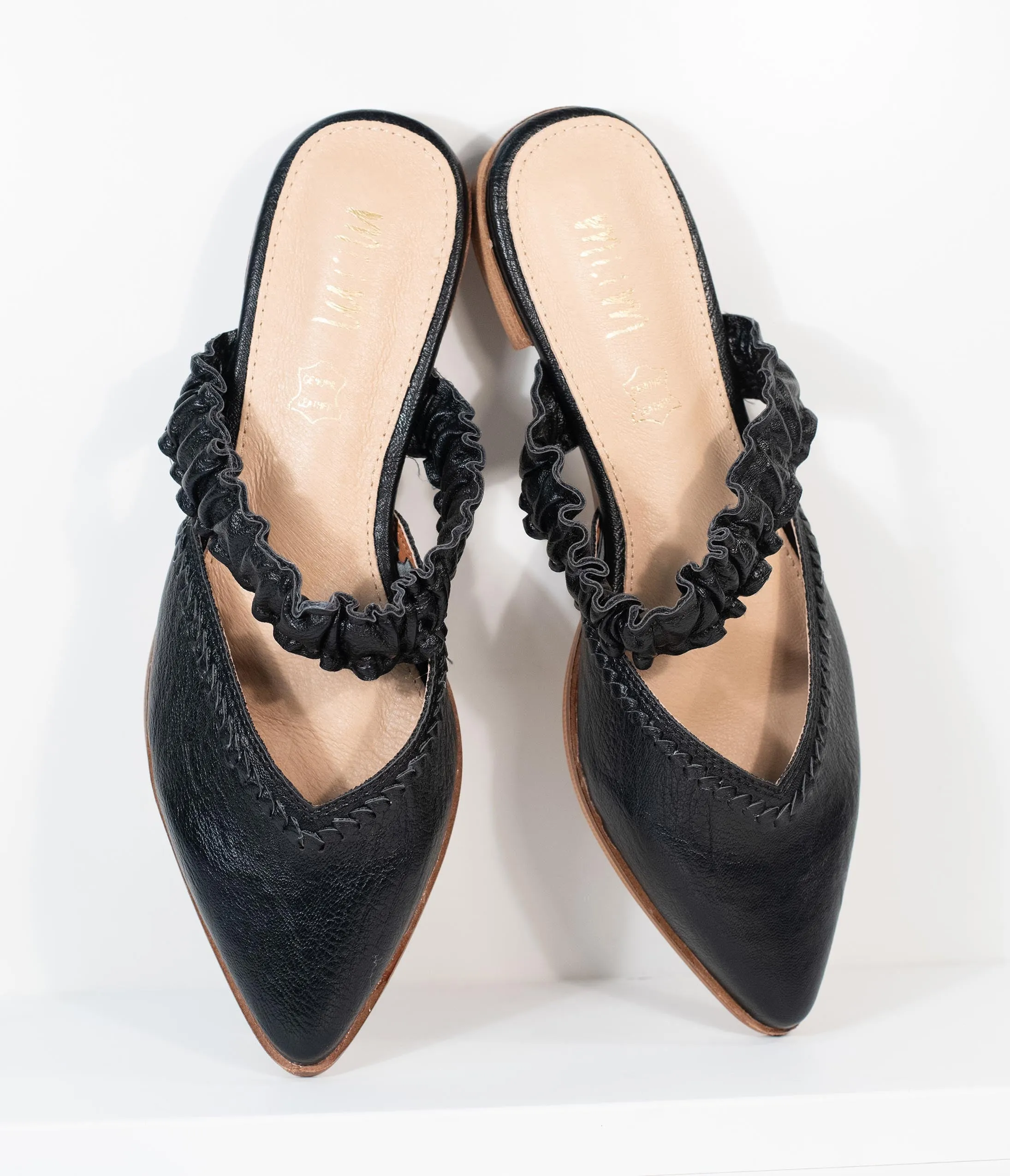 Black Leatherette Ruffle Strap Mules