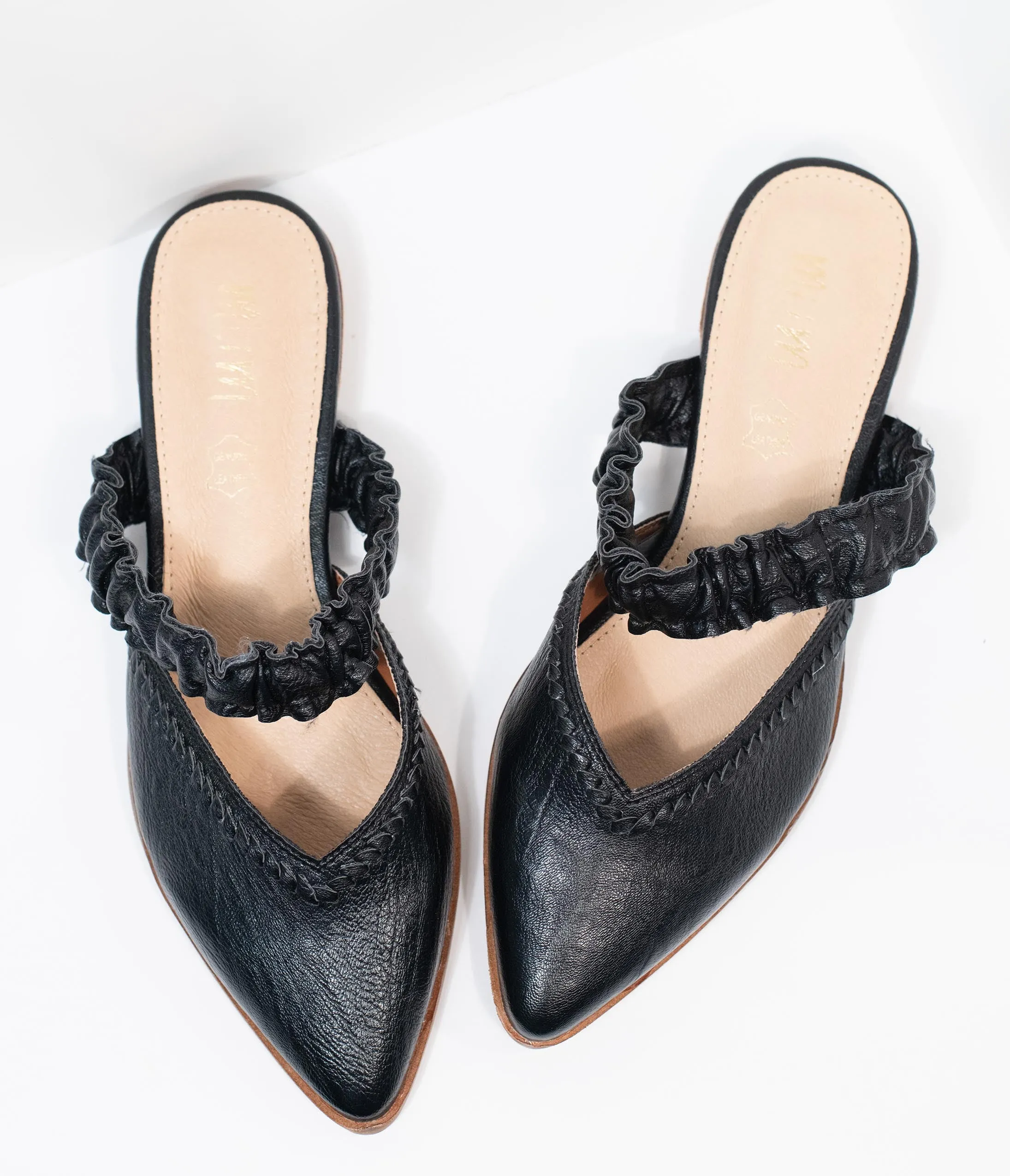 Black Leatherette Ruffle Strap Mules