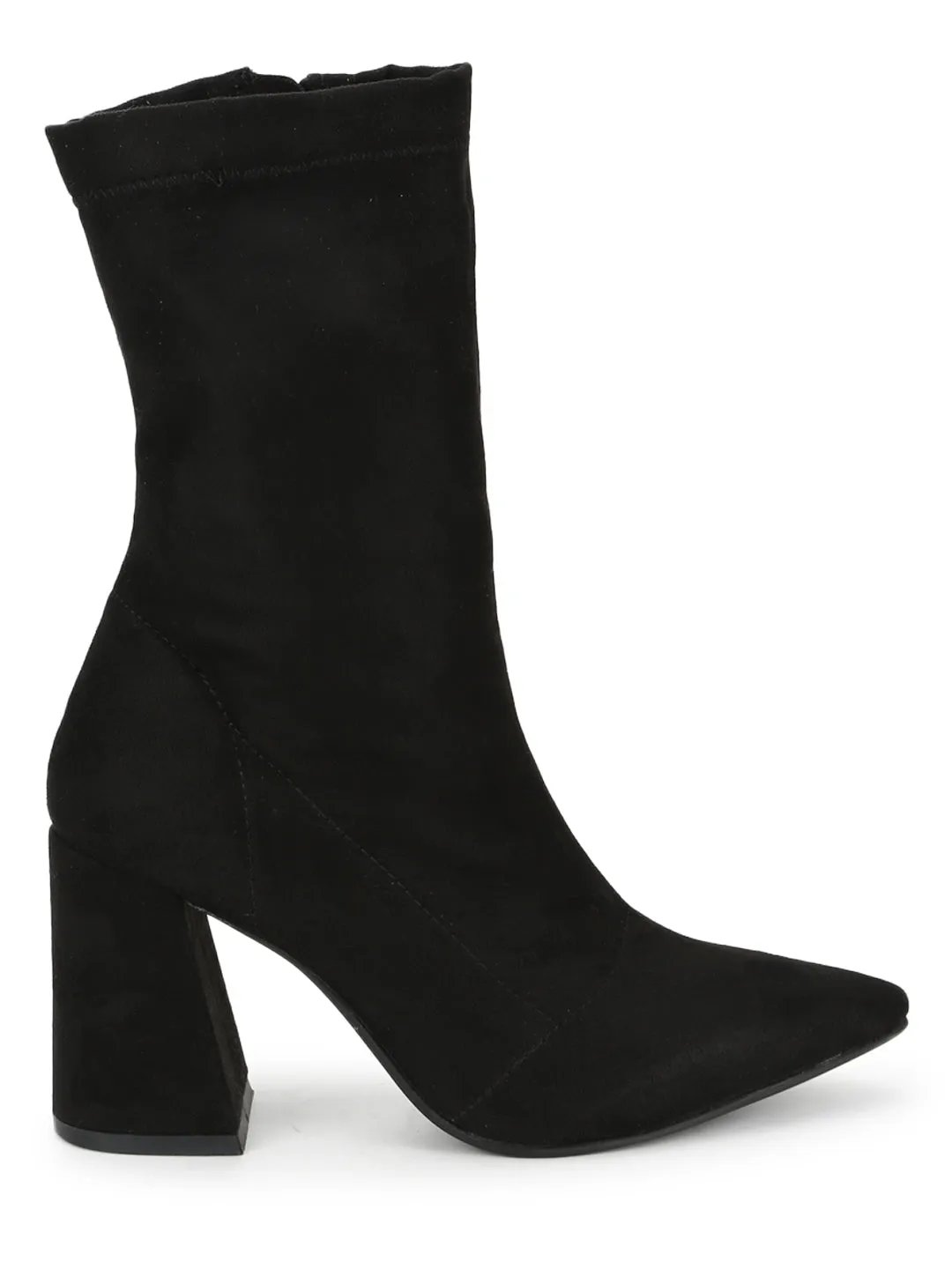 Black Suede Pointed Toe Sock Mid Calf Boots