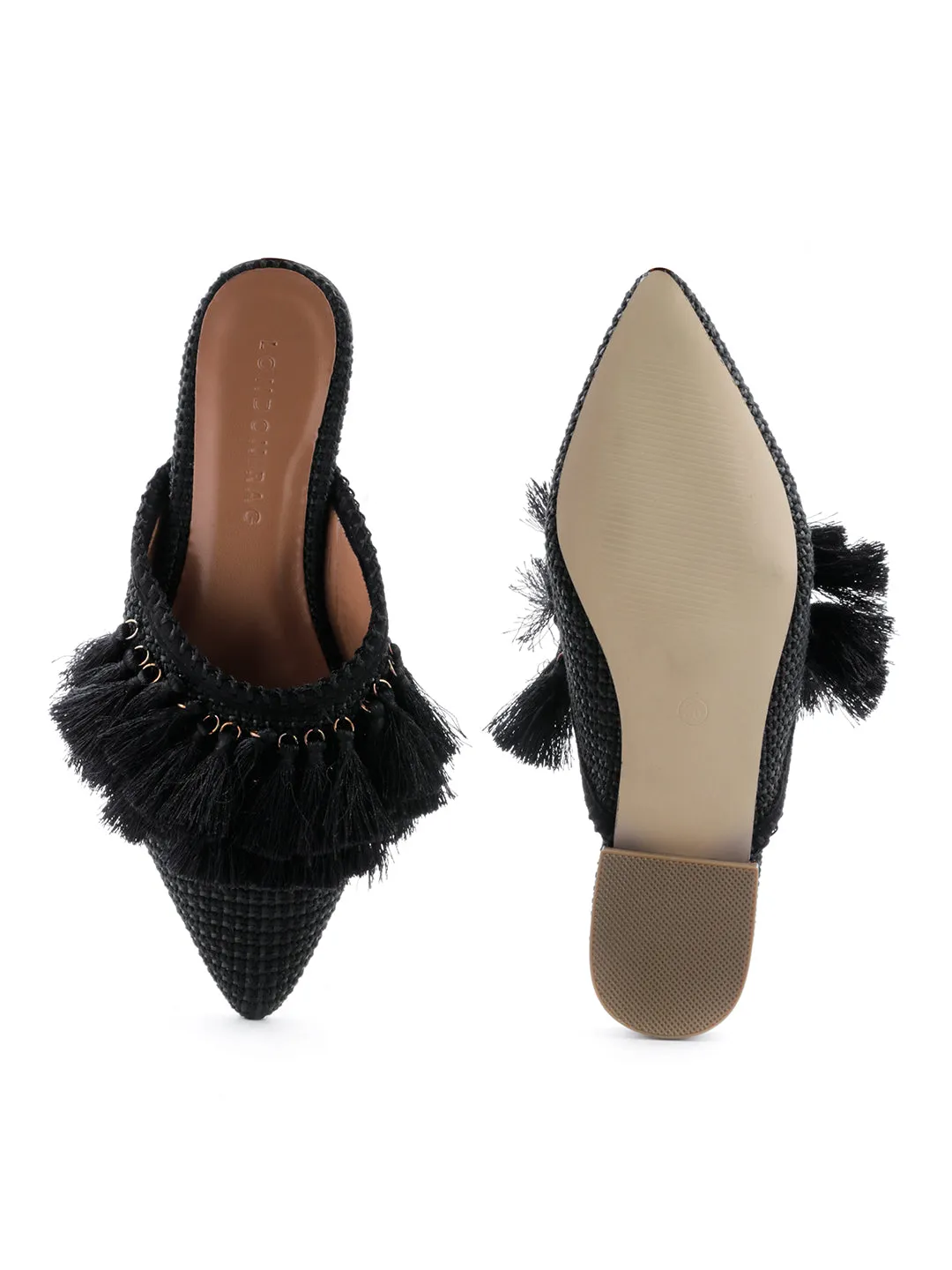 Black Tassel Flat Mules