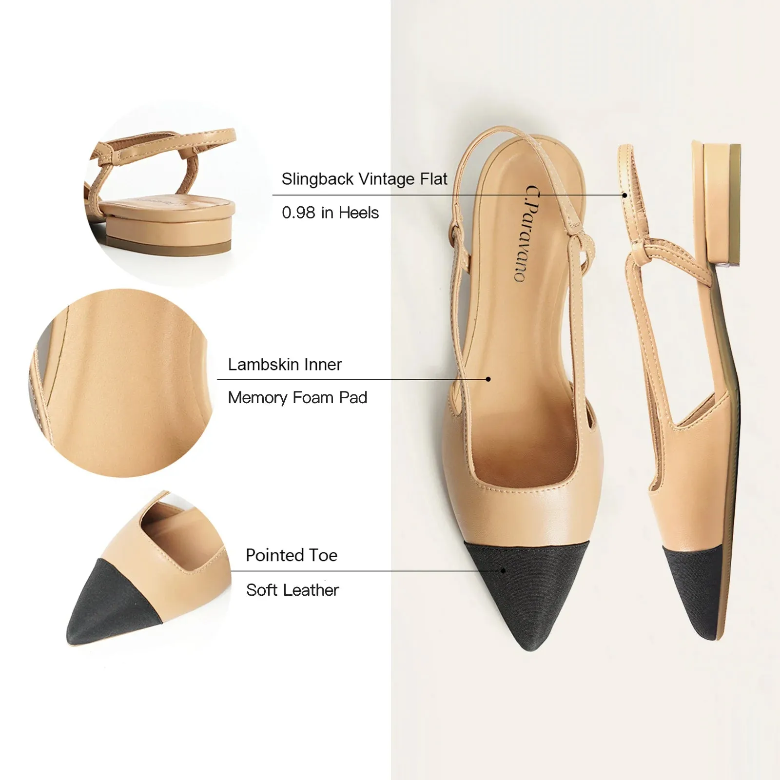 Cap-Toe Slingback Flats (Freya) Beige