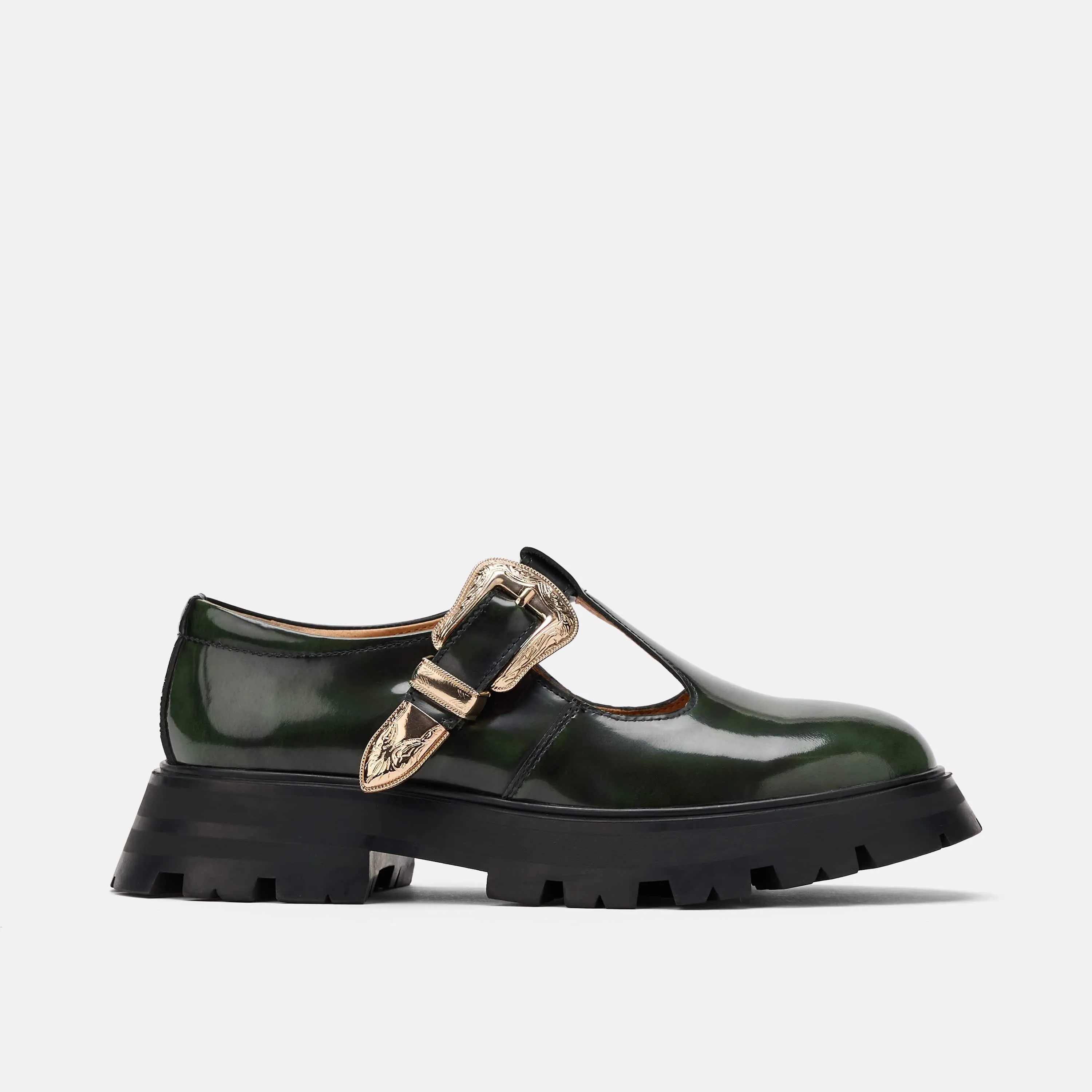 Charli Dark Green Patent Leather Lug Mary Janes