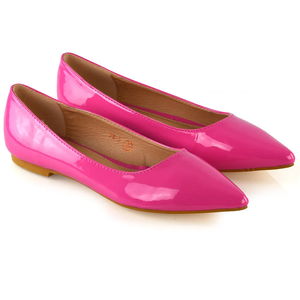 Cordelia Slip on Pointed Toe Flat Ballerina Pump Shoes In Fuchsia Patent