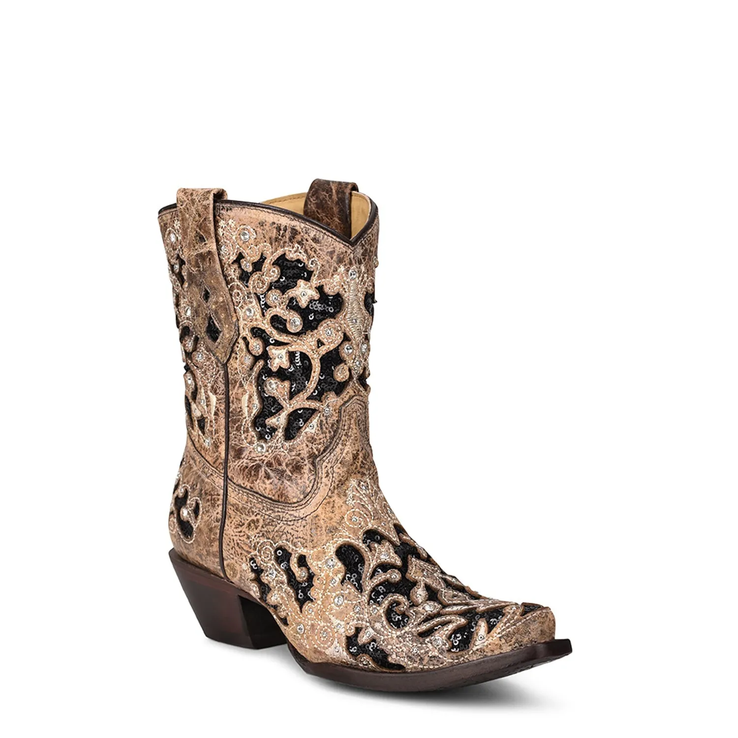 Corral Womens Glitter Inlay Floral Overlay Brown/Black Cowhide 8in Cowboy Boots