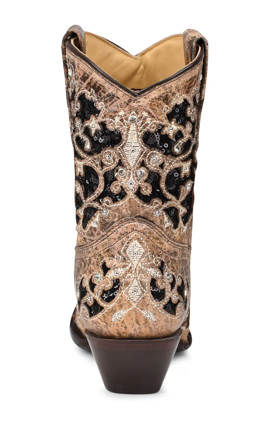 Corral Womens Glitter Inlay Floral Overlay Brown/Black Cowhide 8in Cowboy Boots