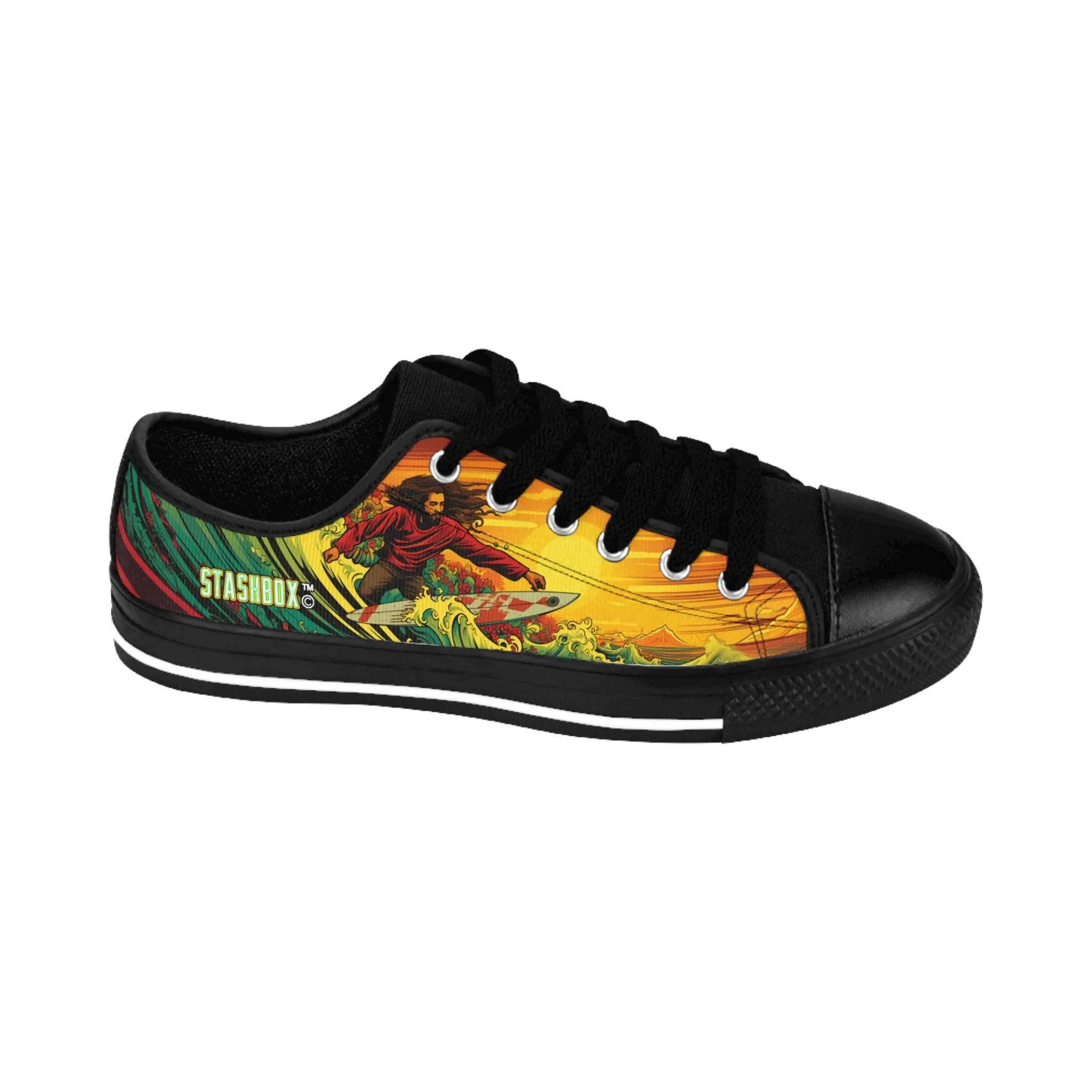 Custom Men's Sneakers Rastaman Surfing Wave Green Yellow Red Surfboard 005