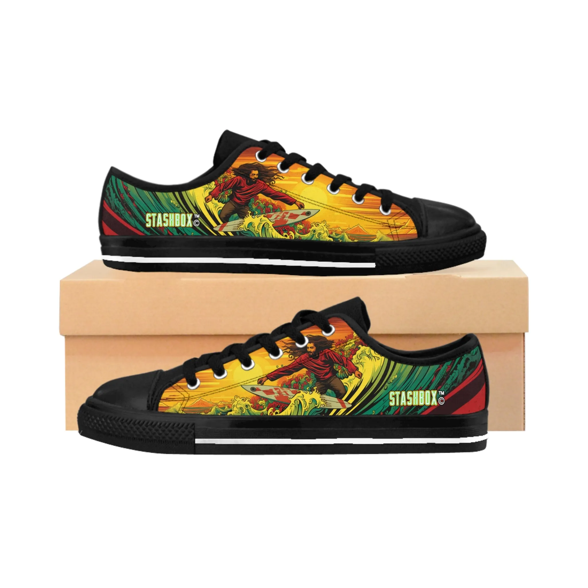 Custom Men's Sneakers Rastaman Surfing Wave Green Yellow Red Surfboard 005