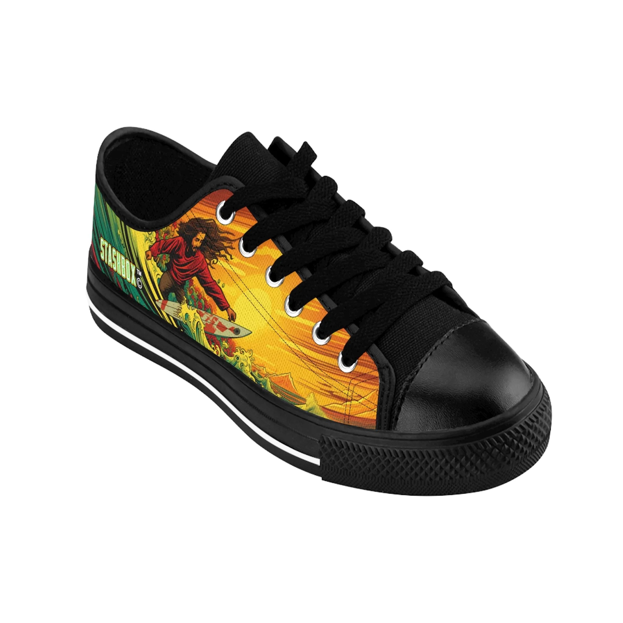 Custom Men's Sneakers Rastaman Surfing Wave Green Yellow Red Surfboard 005