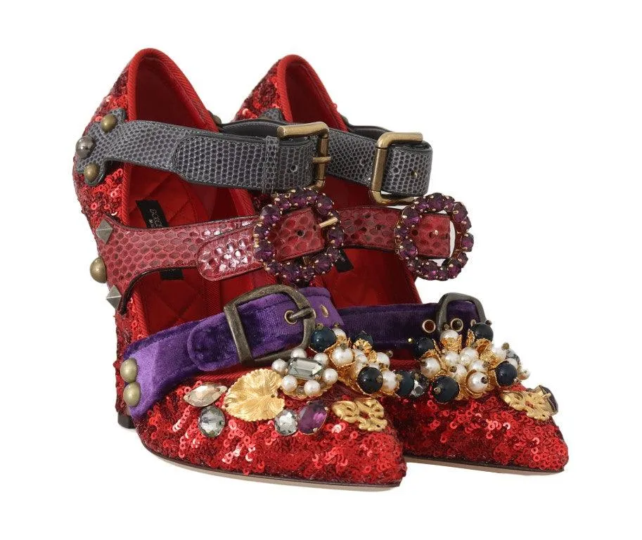 Dolce & Gabbana Red Sequined Crystal Studs Heels Shoes