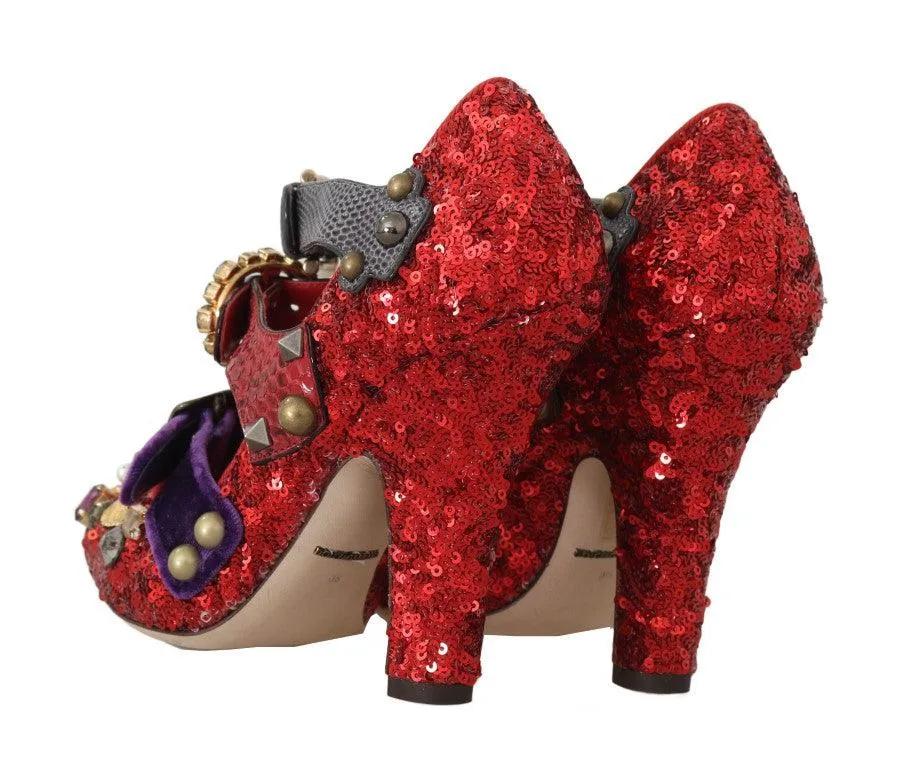 Dolce & Gabbana Red Sequined Crystal Studs Heels Shoes