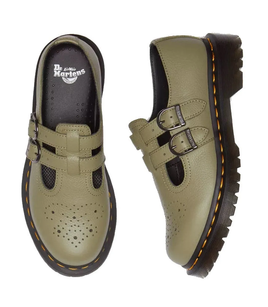 Dr Martens 8065 2 Strap Mary Jane Shoe Olive - Virginia Leather