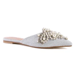 Embellished Delicate Pearl Mules In Silver