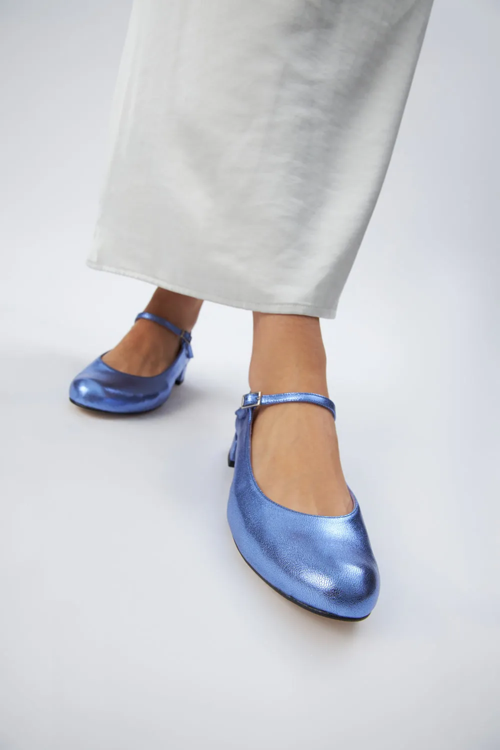 Emilia Mary Janes in Blue Metallic Leather