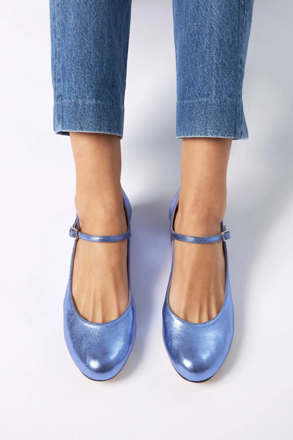 Emilia Mary Janes in Blue Metallic Leather