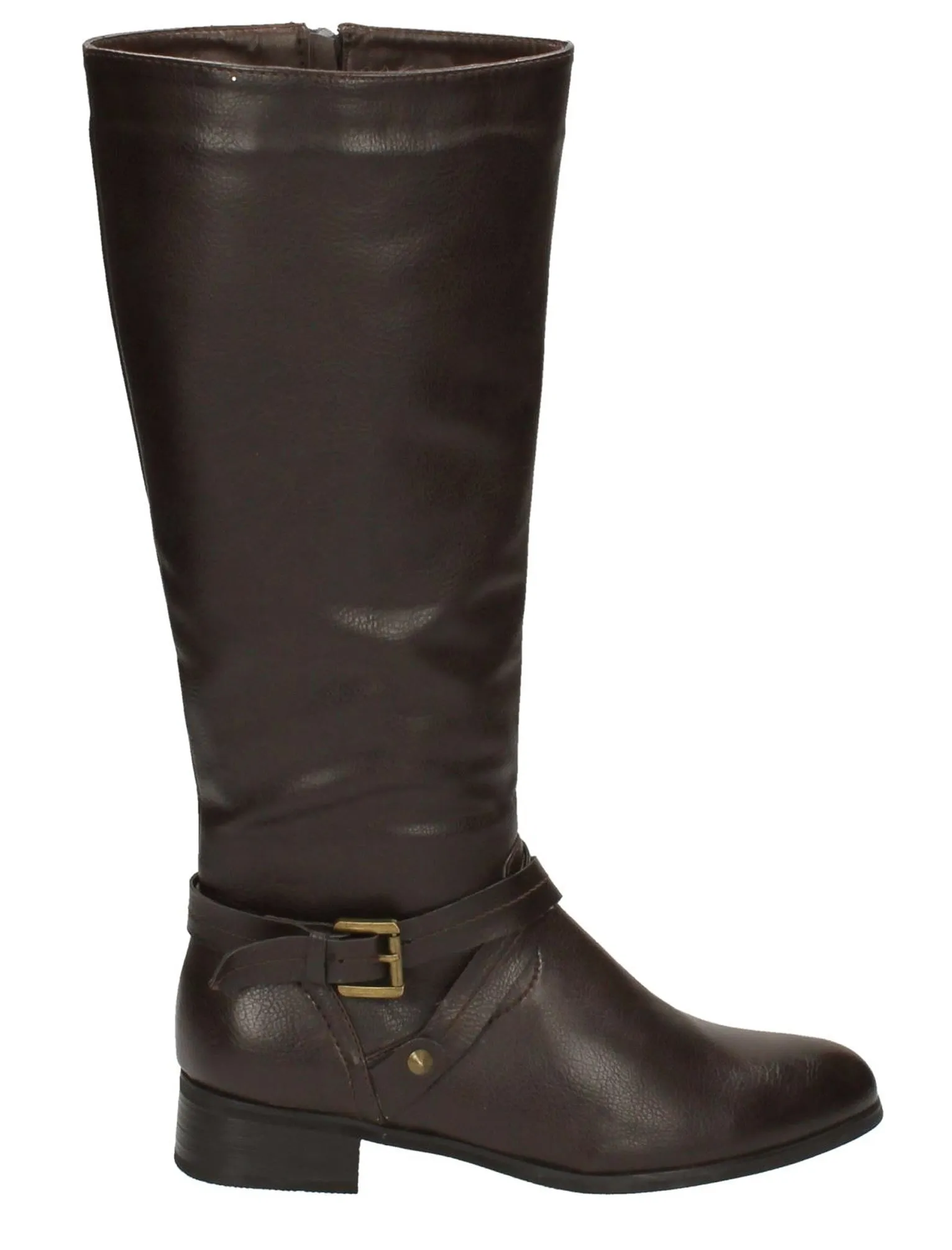 Erin Faux Leather Knee High Boots with Buckle Strap in Brown