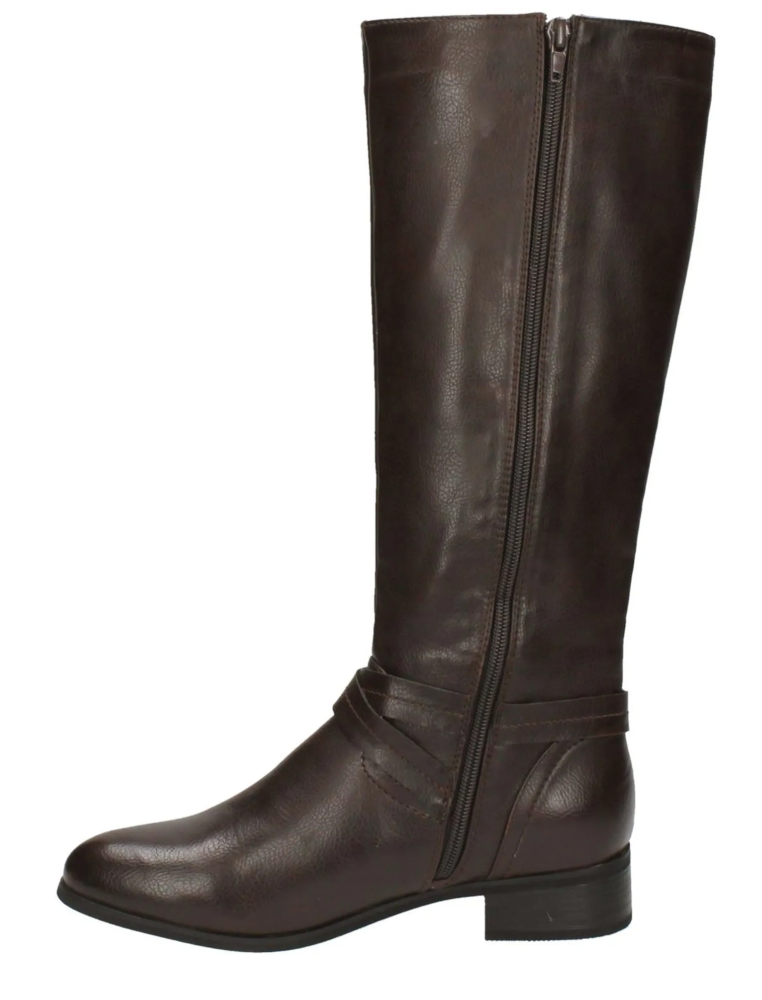 Erin Faux Leather Knee High Boots with Buckle Strap in Brown