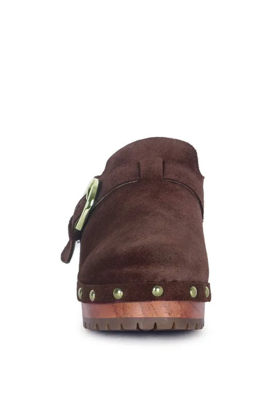 Genuine Leather Prunus Buckles Suede Round Toe Mule Clogs