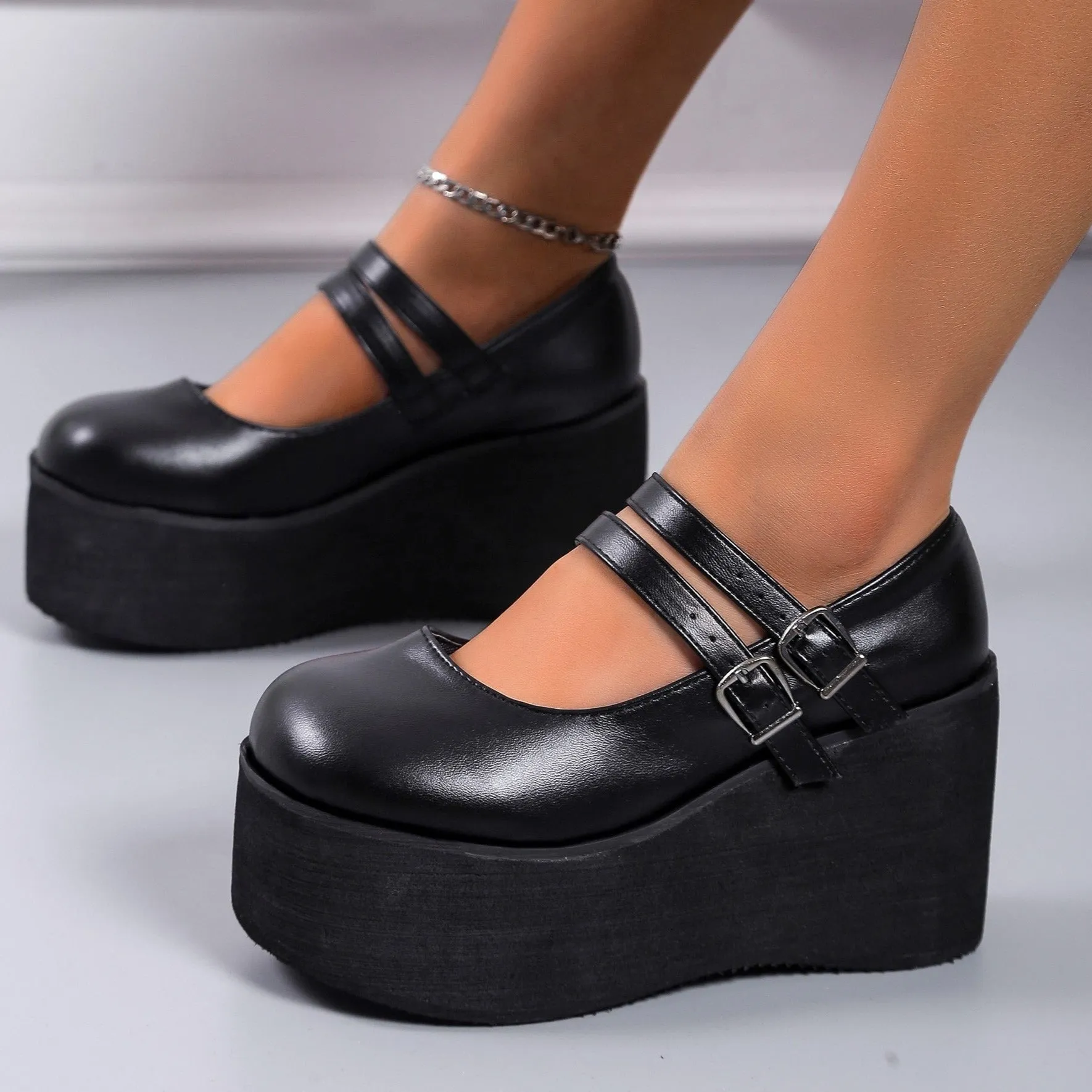 Goth Double Buckle Cute Mary Janes Wedges