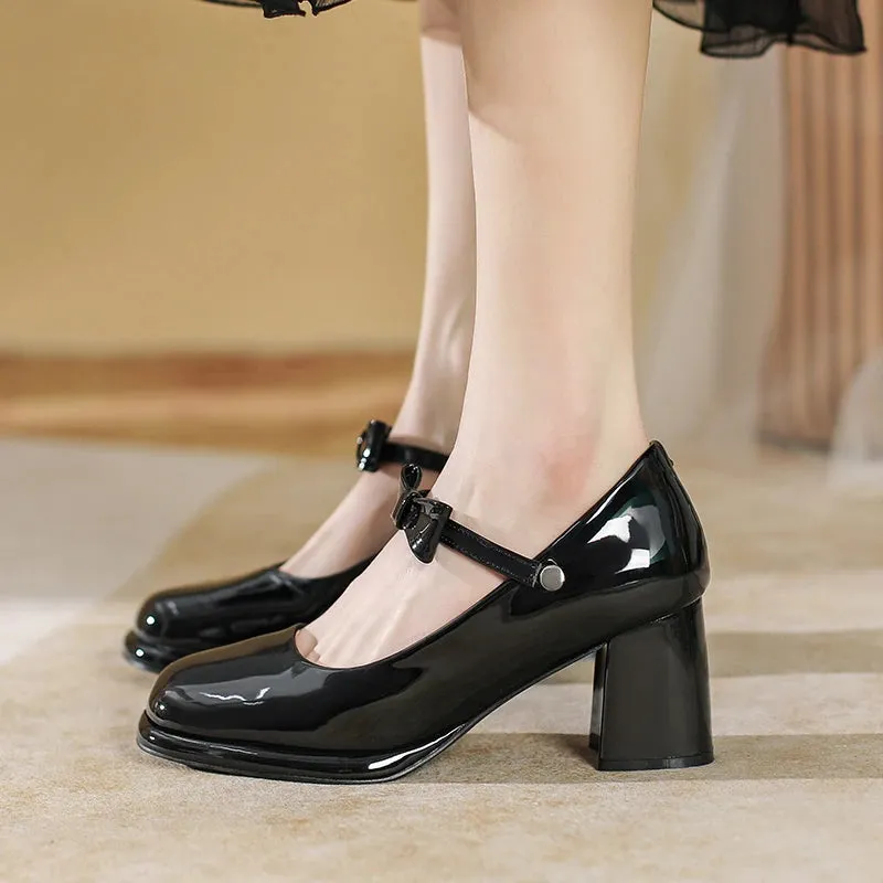 Hnzxzm Chunky Heels Pumps Women Mary Jane Shoes with Bow Black Patent Leather Elegant Heeled Office Dress Party Lady Shoes