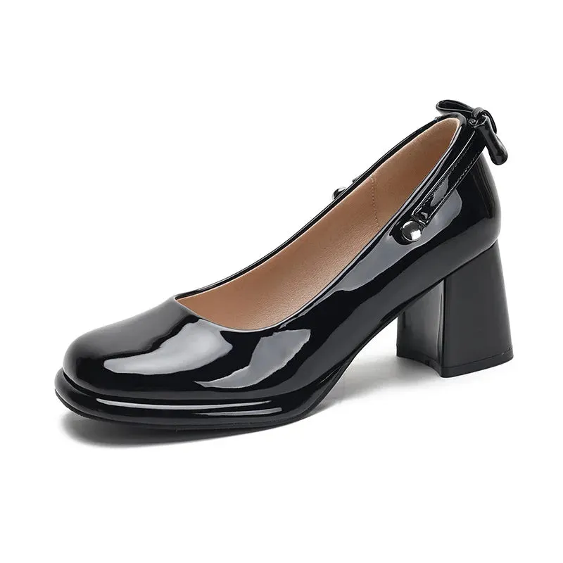 Hnzxzm Chunky Heels Pumps Women Mary Jane Shoes with Bow Black Patent Leather Elegant Heeled Office Dress Party Lady Shoes