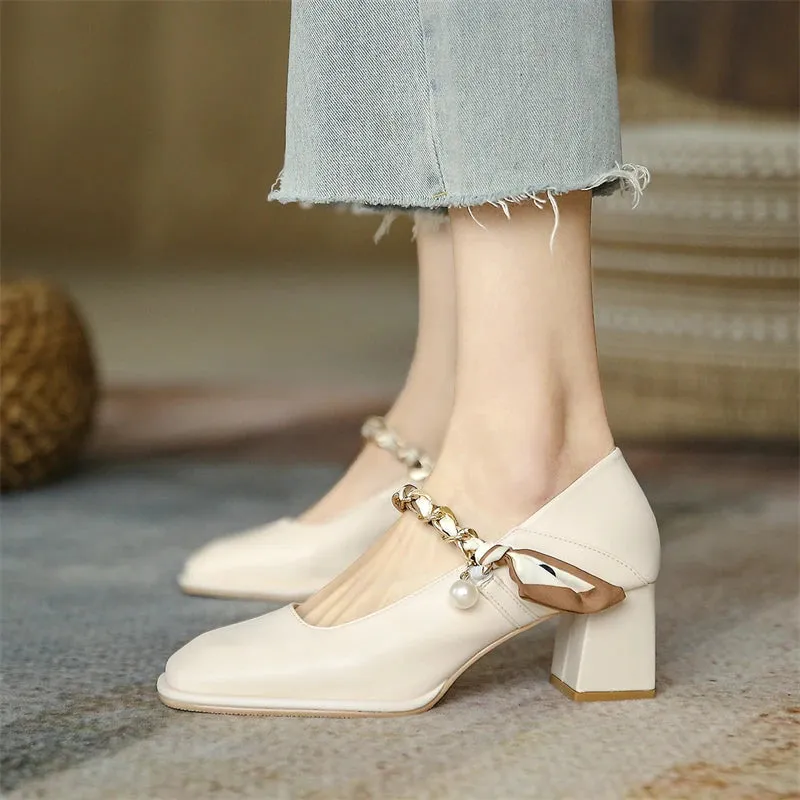 Hnzxzm Fashion Genuine Leather Mary Jane Women's Chunky Heel New Chain Pearl Ribbon Style Lady Elegant Shoes