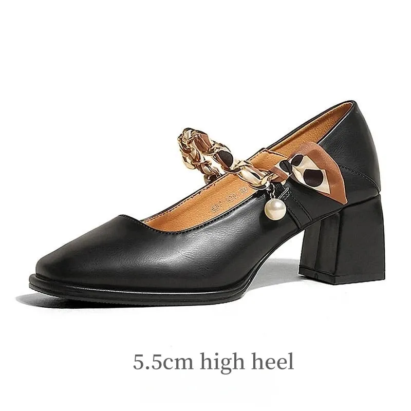 Hnzxzm Fashion Genuine Leather Mary Jane Women's Chunky Heel New Chain Pearl Ribbon Style Lady Elegant Shoes