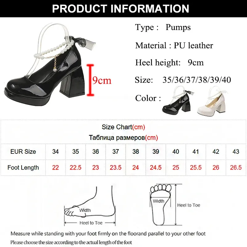 Hnzxzm Fashion Pearl Ankle Strap Pumps for Women Elegant Silk Bow High Heels Mary Janes Woman String Bead Platform Party Shoes Ladies