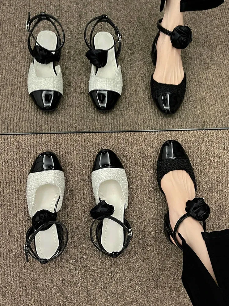 Hnzxzm French Elegant Buckle Shoes Mary Janes Summer Woman Low Heel Non Slip Sandals Korean Fashion Vintage Soft Heels Office Lady