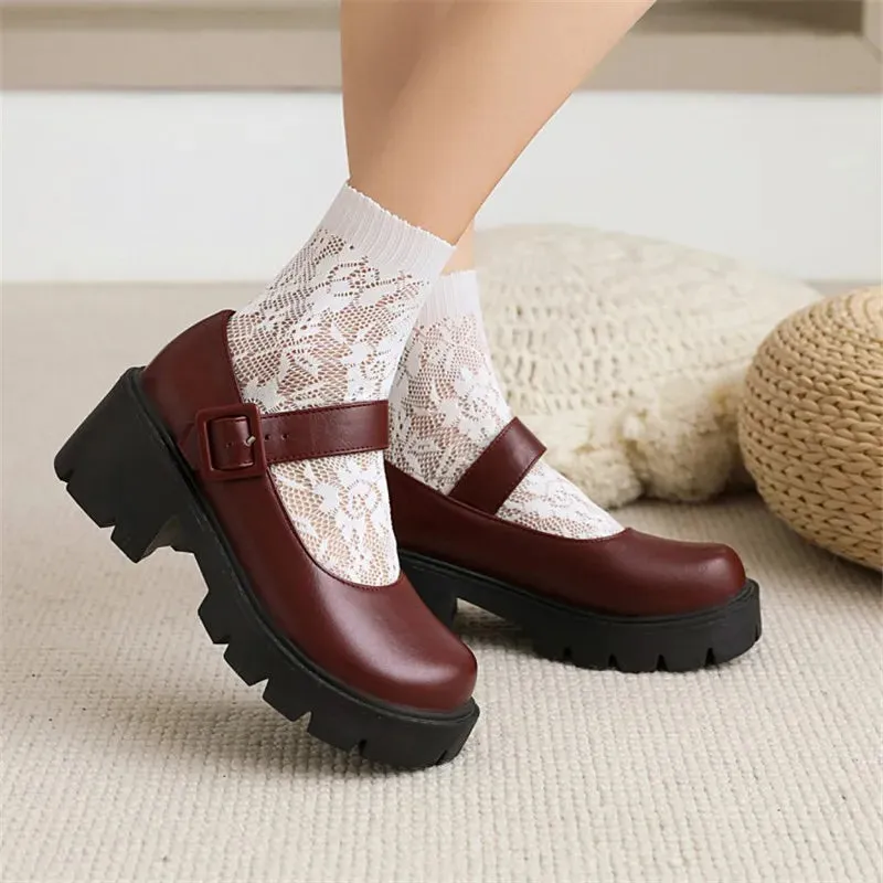 Hnzxzm JK Harajuku Girls Collegiate Student Uniform Mary Janes Shoes Chunky Block High Heels Punk Gothic Cosplay Shoes Women 43