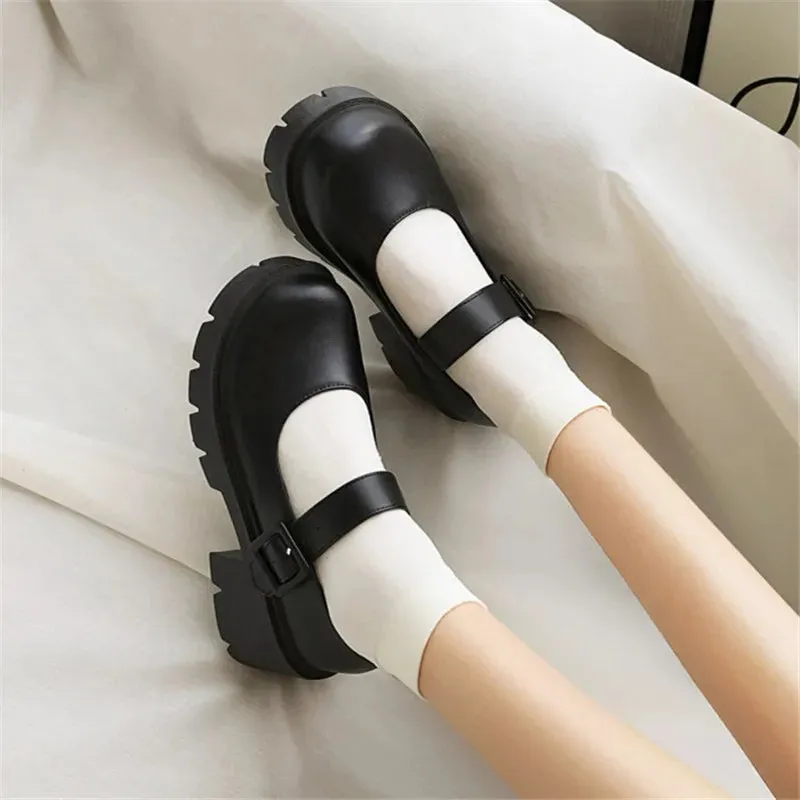 Hnzxzm JK Harajuku Girls Collegiate Student Uniform Mary Janes Shoes Chunky Block High Heels Punk Gothic Cosplay Shoes Women 43