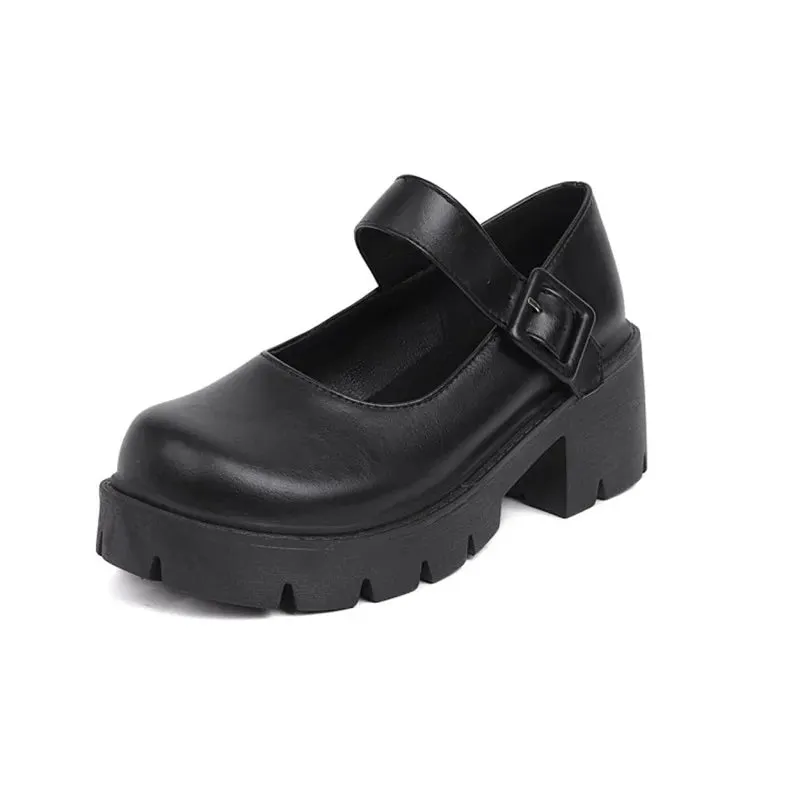 Hnzxzm JK Harajuku Girls Collegiate Student Uniform Mary Janes Shoes Chunky Block High Heels Punk Gothic Cosplay Shoes Women 43