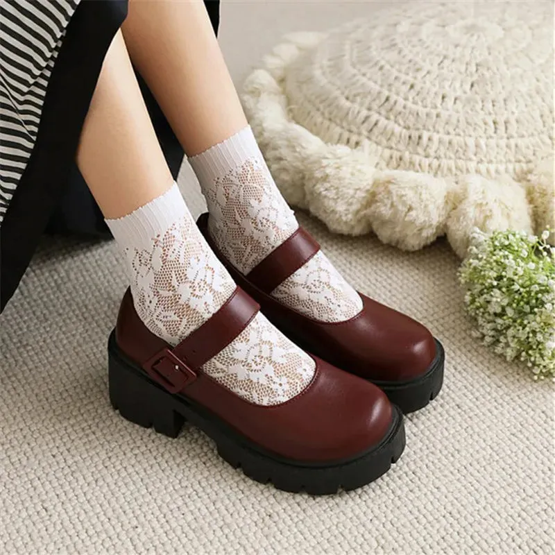 Hnzxzm JK Harajuku Girls Collegiate Student Uniform Mary Janes Shoes Chunky Block High Heels Punk Gothic Cosplay Shoes Women 43