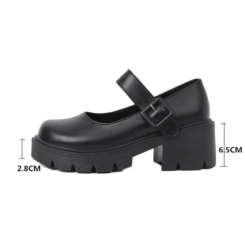 Hnzxzm JK Harajuku Girls Collegiate Student Uniform Mary Janes Shoes Chunky Block High Heels Punk Gothic Cosplay Shoes Women 43