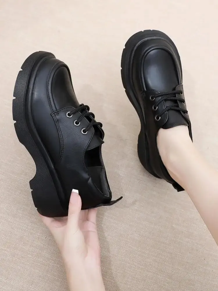 Hnzxzm New British College Style Lace-up Vintage Round Toe Pu Leather Jk Uniform Lolita Shoes Wedge Mid Heel Kawaii Sweet Girls Shoe