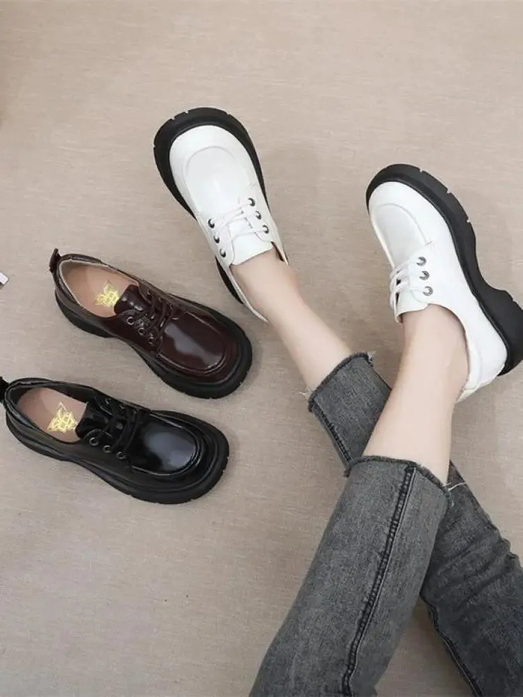 Hnzxzm New British College Style Lace-up Vintage Round Toe Pu Leather Jk Uniform Lolita Shoes Wedge Mid Heel Kawaii Sweet Girls Shoe