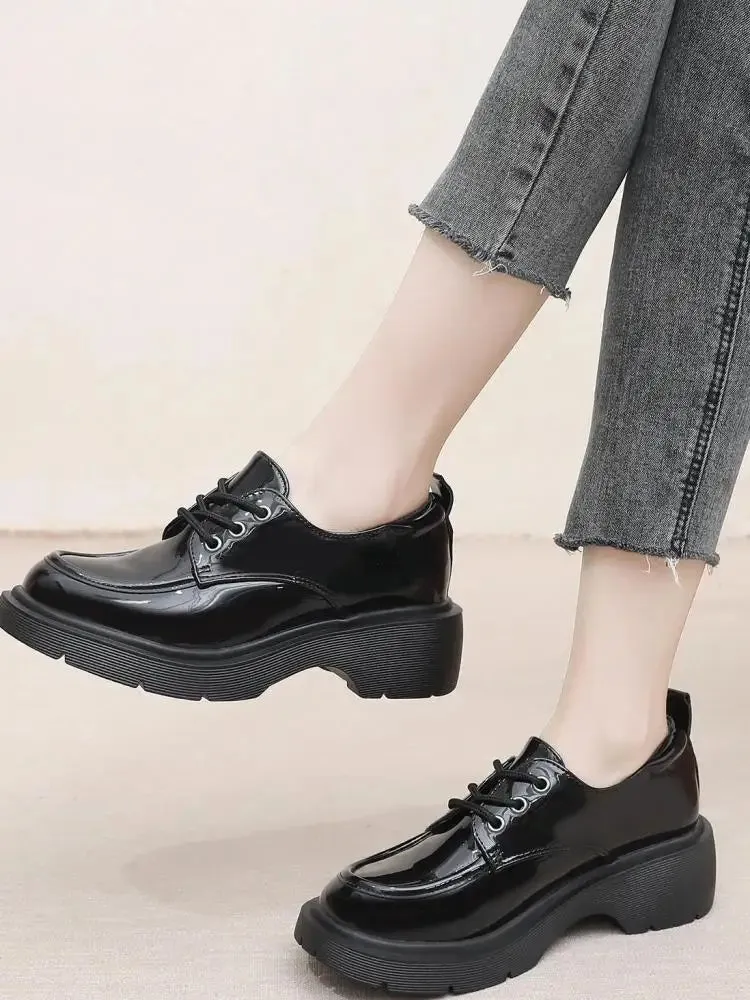 Hnzxzm New British College Style Lace-up Vintage Round Toe Pu Leather Jk Uniform Lolita Shoes Wedge Mid Heel Kawaii Sweet Girls Shoe